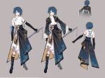  1boy alternate_costume bishounen blue_hair brown_background chinese_clothes doupu41 full_body garter_straps genshin_impact highres long_sleeves male_focus multiple_views outstretched_arm shirt short_hair simple_background solo sword weapon white_shirt xingqiu_(genshin_impact) yellow_eyes 