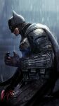  1boy absurdres armor batman batman_(series) black_cape black_gloves bruce_wayne cape dc_comics english_commentary from_side gloves highres holding looking_down male_focus mask open_hand rain signature superhero taka-f the_batman_(2022) white_eyes 