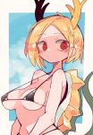  1girl bikini black_bikini blonde_hair blue_background breasts cleavage closed_mouth dragon_horns dragon_tail horns kicchou_yachie large_breasts massakasama navel red_eyes solo swimsuit tail touhou turtle_shell upper_body 