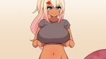  1girl :q animated animated_gif blonde_hair blue_eyes blush breast_drop breasts clothes_lift dark-skinned_female dark_skin ear_piercing gradient_hair gyaru high_ponytail highres ichii_gou_(the_only_shoe) large_breasts long_hair midriff multicolored_hair navel nipples original piercing pink_hair ponytail shirt_lift simple_background smile solo the_only_shoe tongue tongue_out upper_body winking_(animated) 