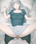  1boy 1girl bed_sheet black_jacket black_pants black_shirt breasts censored clothes_lift collarbone game_cg green_eyes grey_hair grey_skirt hamashima_shigeo hana_tsubaki hetero highres jacket long_hair looking_at_viewer lying male_underwear medium_breasts minikui_mojika_no_ko miniskirt mosaic_censoring on_back open_clothes open_jacket open_mouth panties pants penis pillow pov shirt short_sleeves skirt skirt_lift spread_legs underwear very_long_hair white_male_underwear white_panties white_shirt 