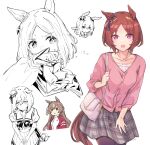  5girls admire_vega_(umamusume) animal_ears bag black_skirt bow bowtie breasts brown_hair brown_pantyhose chokin-bako_no_futa covering_mouth ears_down eishin_flash_(umamusume) handbag horse_ears horse_girl horse_tail jacket jewelry jitome long_hair long_sleeves looking_at_viewer multiple_girls multiple_views narita_top_road_(umamusume) necklace open_mouth own_hands_together pantyhose partially_colored pink_eyes pink_shirt plaid plaid_skirt sailor_collar sakura_laurel_(umamusume) satono_diamond_(umamusume) school_uniform shirt short_hair shoulder_bag skirt small_breasts smile tail tracen_school_uniform track_jacket umamusume wiping_sweat 