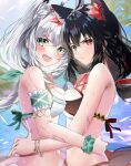  2girls ahoge animal_ear_fluff animal_ears arm_strap bikini black_bikini black_hair blurry blurry_background blush bracelet braid breast_press breasts cleavage commentary_request earrings extra_ears fang fox_ears fox_girl frown green_eyes hair_between_eyes highres hololive hug jewelry kurokami_fubuki long_hair looking_at_viewer medium_breasts multicolored_hair multiple_girls open_mouth red_eyes red_hair shirakami_fubuki sho_(runatic_moon) sidelocks single_braid skin_fang streaked_hair swimsuit symmetrical_docking virtual_youtuber wet white_bikini white_hair 