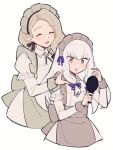  2girls apron closed_eyes closed_mouth do_m_kaeru fire_emblem fire_emblem:_three_houses fire_emblem_heroes hair_ribbon hair_tie hand_mirror holding holding_mirror light_brown_hair long_hair looking_at_mirror lysithea_von_ordelia lysithea_von_ordelia_(tea_party) maid maid_apron maid_headdress mercedes_von_martritz mercedes_von_martritz_(tea_party) mirror multiple_girls official_alternate_costume official_alternate_hairstyle open_mouth purple_eyes ribbon smile upper_body white_background white_hair 