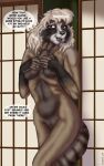  2023 anthro barely_visible_genitalia breasts brown_body brown_fur canid canine dojo english_text female fur genitals hand_on_breast inside light_hair looking_at_viewer mammal nude pussy raccoon_dog screen smile solo style_wager tanuki text tsuka_(style_wager) 