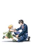  2boys black_hair blonde_hair blue_necktie brown_eyes collared_shirt crying dong_hole formal gash_bell highres holding kneeling konjiki_no_gash!! male_focus multiple_boys neck_ribbon necktie open_mouth pants profile ribbon school_uniform shirt short_hair simple_background sleeveless sleeveless_shirt suit takamine_kiyomaro tears teeth white_background white_ribbon white_shirt yellow_eyes 