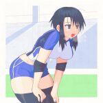  1girl alternate_costume ass azumanga_daioh blue_hair blue_shorts breasts cowboy_shot elbow_pads grey_eyes groin gym hands_on_own_knees heavy_breathing highres inkerton-kun knee_pads kurosawa_minamo large_breasts midriff open_mouth short_hair_with_long_locks short_shorts shorts sidelocks skindentation solo sportswear sweat sweatdrop thick_thighs thighs volleyball_uniform 