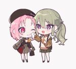  2girls beret brown_headwear brown_shirt brown_skirt brown_sweater chibi collared_shirt earrings food full_body green_skirt hair_flaps hat ice_cream jewelry kusanagi_nene long_hair multiple_girls one_eye_closed ootori_emu pink_eyes pink_hair plaid plaid_skirt project_sekai purple_eyes shirt short_hair side_ponytail sidelocks simple_background skirt sweater sweater_vest taiyaki wagashi white_background white_sweater_vest wiping_face won_won zozotown 