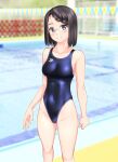  1girl absurdres black_eyes black_hair black_one-piece_swimsuit blurry blurry_background braid braided_bangs breasts collarbone commentary_request competition_swimsuit covered_navel feet_out_of_frame glasses highleg highleg_swimsuit highres logo looking_at_viewer medium_breasts one-piece_swimsuit original parted_lips pool short_hair smile solo string_of_flags swimsuit takafumi 