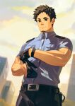  1boy absurdres adjusting_clothes adjusting_gloves aged_up alternate_facial_hair bara black_hair brown_eyes cowboy_shot facial_hair gloves goatee haikyuu!! highres latex latex_gloves le_zhang_zhang leather long_sideburns male_focus official_alternate_costume police police_uniform policeman sawamura_daichi short_hair sideburns solo toned toned_male uniform v-shaped_eyebrows 