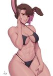  2023 abs absurd_res animal_humanoid bikini breasts brown_eyes brown_hair clothed clothing female hair hand_on_face hi_res highlights_(coloring) humanoid lagomorph lagomorph_humanoid leporid_humanoid mammal mammal_humanoid navel rabbit_humanoid solo speedl00ver swimwear 
