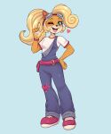  &lt;3 2023 activision anthro artkett1412 bandicoot blonde_hair breasts clothing coco_bandicoot crash_bandicoot_(series) eyebrows eyelashes eyewear eyewear_on_head female footwear fur gesture goggles goggles_on_head green_eyes hair hi_res long_hair looking_at_viewer mammal marsupial one_eye_closed open_mouth open_smile overalls raised_finger raised_index_finger shirt shoes small_breasts smile solo tan_body tan_fur topwear wink wristband 