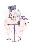  2girls absurdres adapted_costume ahoge animal_ears anklet ass bare_arms bare_legs bare_shoulders black_hair black_leotard blue_archive blush breasts butterfly_hair_ornament demon_girl demon_horns demon_wings double_bun dragon_print dress fake_animal_ears fake_tail finger_to_mouth grey_eyes hair_bun hair_ornament hairclip halo high_heels highres hina_(blue_archive) horns jewelry kisaki_(blue_archive) lamsass leotard long_hair looking_at_viewer multiple_girls multiple_horns parted_bangs playboy_bunny print_dress purple_eyes rabbit_ears rabbit_tail sidelocks simple_background sleeveless small_breasts standing standing_on_one_leg strapless strapless_leotard tail thighs twintails very_long_hair white_background white_hair wings 