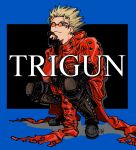  1boy blonde_hair blue_eyes carota327 coat fingerless_gloves gloves high_collar long_coat male_focus red_coat round_eyewear solo squatting sunglasses trigun vash_the_stampede 