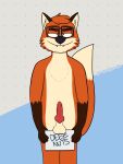  absurd_res afterdak animal_genitalia animal_penis anthro balls canid canine canine_genitalia canine_penis dak_(afterdak) english_text erection eyewear fox fur genitals glasses hi_res knot looking_at_viewer male mammal nude orange_body orange_fur paper penis red_fox sign simple_background smile solo tail text 