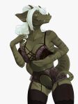  absurd_res anthro big_breasts breasts claws clothed clothing diana_digma dragon emil-gee facial_horn female green_body green_scales hair hi_res horn looking_at_viewer orange_eyes scales simple_background smile solo underwear 