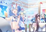 4girls :d ^_^ bikini blue_archive blue_bikini blue_halo blue_sky bottle breasts brown_eyes brown_hair chise_(blue_archive) chise_(swimsuit)_(blue_archive) closed_eyes cloud day ddangbi fox_girl fox_tail halo highres horns indoors izuna_(blue_archive) izuna_(swimsuit)_(blue_archive) long_hair looking_at_another maid_headdress multiple_girls navel official_alternate_costume oni open_mouth pink_halo purple_eyes red_horns shizuko_(blue_archive) shizuko_(swimsuit)_(blue_archive) sky small_breasts smile striped striped_bikini summer swimsuit tail umika_(blue_archive) very_long_hair 