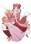  1girl antenna_hair bow cookie_run covering_mouth flower flower_request full_body gem hair_bow highres hiki_furisode japanese_clothes kimono leaf long_eyelashes long_sleeves looking_at_viewer multiple_hair_bows orange_flower pink_kimono pink_robe pomegranate_cookie red_eyes red_gemstone red_hair rina_(pipi58293333) robe short_hair sitting sleeves_past_wrists smoke snake solo tsurime white_background wide_sleeves 