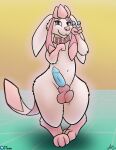  anthro balls collar ears_down eeveelution fur generation_4_pokemon genitals gesture girly glaceon glowing hi_res j2n looking_at_viewer male nintendo penis pink_body pink_fur pivoted_ears pokemon pokemon_(species) shy solo thick_thighs v_sign 