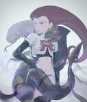  1girl arbok black_gloves blue_eyes creature elbow_gloves fangs forked_tongue gloves highres jessie_(pokemon) pitari pokemon purple_scales seviper snake team_rocket team_rocket_uniform tongue 