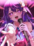  1girl artist_name blue_necktie blush dress gloves hair_ornament highres holding holding_microphone hoshino_ai_(oshi_no_ko) idol long_hair looking_at_viewer microphone music necktie open_mouth oshi_no_ko outstretched_arm pink_dress pink_gloves purple_eyes purple_hair rabbit_hair_ornament reaching_towards_viewer singing single_glove solo star-shaped_pupils star_(symbol) sweat symbol-shaped_pupils upper_body wisp_(illothewisp) 
