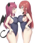  2girls absurdres asymmetrical_docking black_bow blush bow braid breast_press breasts closed_mouth covered_navel demon_tail demon_wings green_eyes hair_bow head_wings highres hong_meiling koakuma long_hair looking_at_another multiple_girls open_mouth red_eyes red_hair school_swimsuit smile swimsuit tail touhou twin_braids white_background wings youmu-kun 