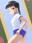  1girl adjusting_buruma adjusting_clothes ass black_hair blue_buruma breasts brown_eyes buruma closed_mouth eyepatch gym_uniform long_hair looking_at_viewer omocha-bako_akeru ponytail sakamoto_mio shirt simple_background small_breasts smile solo strike_witches white_shirt world_witches_series 