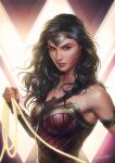  1girl bare_shoulders black_hair brown_eyes circlet dc_comics fingerless_gloves gloves holding_lasso lasso_of_truth long_hair looking_at_viewer signature upper_body watermark wonder_woman yinyuming 