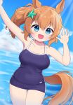  1girl animal_ears blue_eyes blue_one-piece_swimsuit blue_sky breasts brown_hair cloud cloudy_sky commentary_request hair_ornament highres horse_ears horse_girl horse_tail large_breasts looking_at_viewer medium_hair mei_(meimyan) ocean one-piece_swimsuit open_mouth outdoors ponytail school_swimsuit school_uniform sky smile solo swimsuit taiki_shuttle_(umamusume) tail thigh_gap tracen_school_uniform umamusume water waving 