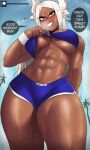  1girl abs absurdres animal_ear_fluff animal_ears blue_shorts blue_sports_bra boku_no_hero_academia breasts cloud dark-skinned_female dark_skin day echo_saber english_commentary english_text greyscale grin heavy_breathing highres large_breasts lifted_by_self long_hair looking_at_viewer mirko monochrome nail_polish outdoors palm_tree patreon_logo pink_nails rabbit_ears red_eyes short_shorts shorts skindentation smile solo sports_bra sweat thick_thighs thighs toned tree underboob v-shaped_eyebrows web_address wide_hips 