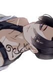 1boy bare_shoulders black_hair black_tank_top closed_mouth commentary_request empty_eyes male_focus neck_tattoo nori20170709 sano_manjirou short_hair simple_background solo tank_top tattoo tokyo_revengers twitter_username white_background 