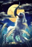  7_phi_3 absol animal_focus claws cloud forehead_jewel from_below full_moon glowing glowing_eyes grass highres horns looking_at_viewer mane moon night night_sky no_humans pokemon pokemon_(creature) red_eyes single_horn sky solo star_(sky) tail white_fur 