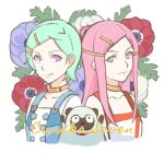 2girls anemone_(eureka_seven) anemone_(flower) aqua_hair blue_dress closed_mouth copyright_name cropped_torso dress eureka_(eureka_seven) eureka_seven eureka_seven_(series) flower gulliver_(eureka_seven) hair_ornament hairclip jewelry long_hair looking_at_viewer multiple_girls neck_ring nekkikamille pink_eyes pink_hair purple_eyes short_hair side-by-side sidelocks smile two-tone_dress white_dress 