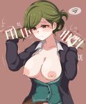  1girl bar_censor black_cardigan blush breasts brown_background cardigan censored closed_mouth double_handjob folded_ponytail furrowed_brow green_eyes green_hair green_vest hairjob handjob heart highres idolmaster idolmaster_shiny_colors large_breasts long_sleeves looking_down milliani motion_lines multiple_penises nanakusa_hazuki office_lady open_cardigan open_clothes penis simple_background sweat vest 