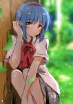  1girl against_tree blue_hair blurry blurry_background blush bow ca2la commentary_request day eyes_visible_through_hair falling_leaves grey_skirt hair_between_eyes hairband hand_up head_tilt highres leaf little_busters! looking_at_viewer miniskirt nishizono_mio outdoors parted_lips pink_bow plaid plaid_skirt pleated_skirt red_hairband shirt short_hair short_sleeves skirt solo squatting tree white_shirt yellow_eyes 