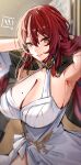  ! !! 1girl armpits breasts chinese_commentary cleavage commentary_request dress halter_dress halterneck highres himeko_(honkai:_star_rail) honkai:_star_rail honkai_(series) horn/wood large_breasts long_hair looking_at_viewer mole mole_on_breast parted_lips red_hair smile solo white_dress yellow_eyes 