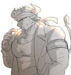 1boy animal_ears armband bara chest_tuft commentary cow_ears cow_horns cow_tail facial_hair furry furry_male goatee headband highres horns lab_coat large_pectorals leaf looking_at_viewer m_cwfe male_focus minotaur monochrome mouth_hold muscular muscular_male notice_lines pectorals shennong_(housamo) short_hair simple_background solo stalk_in_mouth tail tokyo_afterschool_summoners upper_body white_background 
