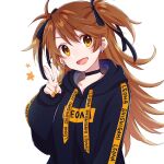  1girl arm_at_side black_hoodie brown_hair clothes_writing dot_nose ear_piercing fang hand_up hood hood_down hoodie kome_(okomesankun) long_hair long_sleeves looking_at_viewer open_mouth orange_eyes orange_nails piercing re:act shishigami_leona simple_background smile solo two_side_up upper_body v virtual_youtuber white_background 