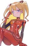  1girl absurdres blue_eyes bodysuit breasts highres interface_headset looking_at_viewer neon_genesis_evangelion orange_hair plugsuit red_bodysuit saaal653 shiny_clothes sitting skin_tight small_breasts solo souryuu_asuka_langley tsurime two_side_up white_background 