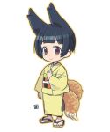  1girl animal_ears black_hair bob_cut closed_mouth fox_ears fox_girl fox_tail full_body kukuri_(mawaru) long_sleeves looking_at_viewer mawaru_(mawaru) multiple_tails obi orange_outline original red_eyes sash short_hair simple_background smile solo split_mouth standing tail white_background zouri 