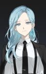  1girl aqua_eyes aqua_gemstone aqua_hair black_background black_necktie black_suit collared_shirt commentary earrings grey_background highres hinomori_shizuku jacket jacket_over_shoulder jewelry light_smile long_hair looking_at_viewer mole mole_under_mouth more_more_jump!_(project_sekai) necktie parted_bangs project_sekai prsk112277 shirt sidelocks simple_background solo straight-on suit suspenders tie_clip unworn_jacket upper_body white_shirt 