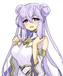  1girl alternate_hairstyle bare_shoulders commentary_request double_bun dress fire_emblem fire_emblem:_genealogy_of_the_holy_war hair_bun looking_at_viewer open_mouth partial_commentary purple_eyes purple_hair solo yukia_(firstaid0) 