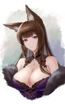  1girl absurdres amagi_(azur_lane) amagi_(red_kite_respite)_(azur_lane) animal_ears azur_lane bare_shoulders blunt_bangs breasts brown_hair cleavage cropped_torso dress eyeshadow fox_ears fox_girl frozen-sad fur_trim highres hikimayu jewelry lace-trimmed_dress lace_trim large_breasts long_hair looking_at_viewer makeup necklace official_alternate_costume parted_lips purple_dress purple_eyes red_eyeshadow signature solo upper_body 