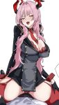  1boy 1girl belt between_breasts black_gloves blue_archive blush breasts c_n_s_m cleavage fangs garter_straps gloves halo hetero highres horns large_breasts long_hair looking_at_viewer mole mole_on_breast necktie necktie_between_breasts open_mouth orange_eyes pink_hair pov red_necktie satsuki_(blue_archive) shirt simple_background solo_focus straddling thighhighs white_background 