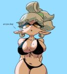  animal_humanoid beauty_mark big_breasts black_clothing black_swimwear blue_background blush breasts cephalopod cephalopod_humanoid clothing cupholders dialogue ear_piercing ear_ring eyelashes facial_markings female grey_hair hair head_markings huge_breasts humanoid humanoid_pointy_ears inkling looking_at_viewer marie_(splatoon) marine marine_humanoid markings mole_(marking) mole_on_breast mollusk mollusk_humanoid navel nintendo open_mouth piercing pseudo_hair ring_piercing simple_background solo splatoon squid_humanoid swimwear talking_to_viewer tan_body tan_skin tentacle_hair tentacles text thick_thighs wide_hips yellow_eyes 