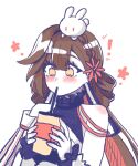  ! 1girl animal animal_on_head bare_shoulders blush braid brown_eyes brown_hair commentary cup disposable_cup drinking_straw flower hair_between_eyes hair_flower hair_ornament hands_up highres holding holding_cup honkai_(series) honkai_impact_3rd li_sushang long_hair mi_(27782900) multicolored_hair on_head rabbit red_flower red_hair simple_background solo two-tone_hair upper_body very_long_hair white_background 