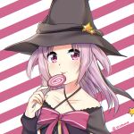  1girl arusuko bare_shoulders black_cape black_headwear black_shirt blush candy cape criss-cross_halter food halterneck hat hat_ornament highres holding holding_candy holding_food holding_lollipop lollipop looking_at_viewer magia_record:_mahou_shoujo_madoka_magica_gaiden magical_girl mahou_shoujo_madoka_magica misono_karin parted_bangs pink_ribbon purple_eyes purple_hair ribbon shirt solo star_(symbol) star_hat_ornament striped striped_background tongue tongue_out two_side_up upper_body witch_hat 