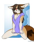  4:5 anthro balls bottomless breasts brown_eyes brown_hair canid canine cheek_tuft cleavage clothed clothing collar colored digital_media_(artwork) dipstick_tail facial_tuft fennec flat_colors fox foxboy83 full-length_portrait fur genitals gynomorph hair hi_res intersex kneeling long_hair mammal markings multicolored_body multicolored_fur portrait purple_clothing purple_shirt purple_topwear shirt simple_background solo tail tail_markings tan_body tan_fur topwear trans_(lore) trans_woman_(lore) tuft two_tone_body two_tone_fur 