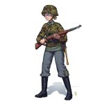  1girl absurdres ammunition_pouch bayonet belt black_footwear blonde_hair bolt_action boots camouflage camouflage_headwear camouflage_jacket combat_helmet entrenching_tool explosive full_body german_army germany grenade gun gun_sling helmet highres holding holding_gun holding_weapon jacket long_sleeves mauser_98 military military_jacket military_uniform original ostwindprojekt pouch rifle simple_background soldier solo ss_uniform stahlhelm standing stielhandgranate uniform waffen-ss weapon white_background world_war_ii 