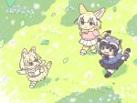 3girls animal_ears black_hair black_skirt blonde_hair blush bow bowtie brown_eyes commentary_request common_raccoon_(kemono_friends) extra_ears fennec_(kemono_friends) fox_ears from_above fur_collar gloves grass grey_hair kemono_friends kemono_friends_3 kuro_shiro_(kuro96siro46) leaf looking_at_another looking_back multicolored_hair multiple_girls open_mouth outdoors pink_sweater pleated_skirt pointing print_bow print_bowtie raccoon_ears raccoon_girl raccoon_tail serval_print short_hair short_sleeves skirt smile striped_tail sweater tail white_hair white_serval_(kemono_friends) white_skirt yellow_bow yellow_bowtie yellow_gloves yellow_skirt 
